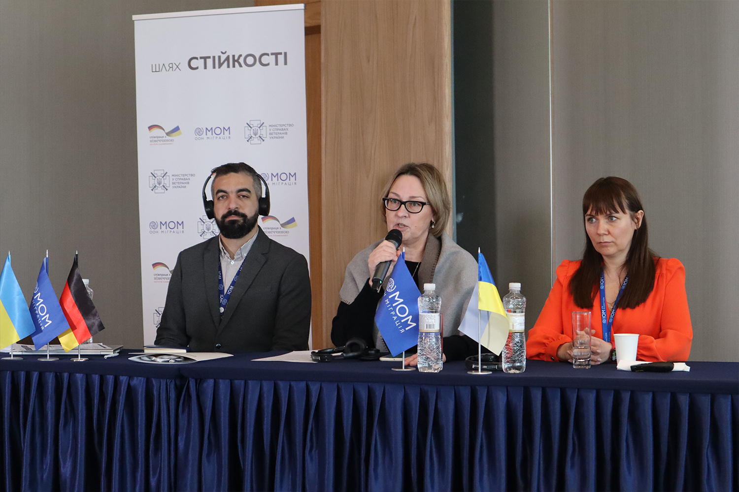 From left to right: IOM Ukraine Psychosocial Project Manager Hatem Marzouk, Head of the Programme Office of the All-Ukrainian Mental Health Programme at the initiative of the First Lady Oksana Zbitnieva, IOM Ukraine National Project Officer Olena Stalnikova. 