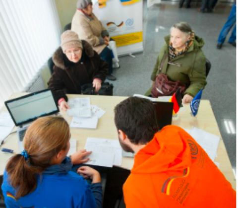 IOM field team checks beneficiaries’ eligibility for cash assistance provision in Poltava city bank branch