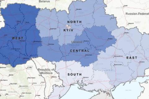 Map of Ukraine with estimated current location of IDPs by Macro - Region